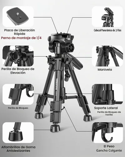 Vista 3 de CAMBOFOTO Trípode para cámara de 30", Trípode profesional de aluminio resistente para cámara sin espejo/DSLR/Teléfono celular/Videocámara