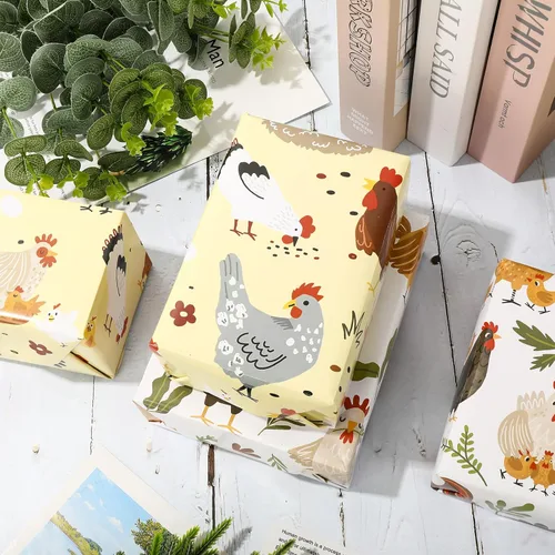 Vista 5 de JarThenaAMCS 8 hojas de papel de regalo de animales de granja, no enrollado, papel de regalo de pollo plegado plano para manualidades, baby shower