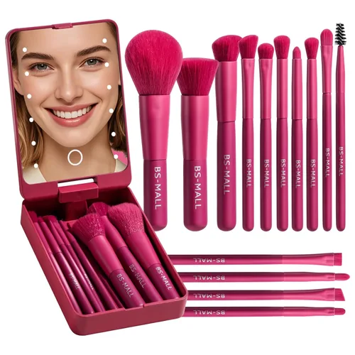 Vista 8 de BS-MALL - Set de brochas de maquillaje con espejo LED, 14 piezas, base en polvo, correctores, sombras de ojos, mini brochas de maquillaje (APINK)