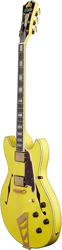 Vista 2 de D'Angelico Guitarra eléctrica semihueca de lujo DC con pieza de cola de escalera, color amarillo eléctrico mate