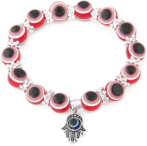 Vista 2 de Caiyao Juego de pulseras multicolor con cuentas de ojo malvado de la suerte amuleto turco Hamsa mal de ojo pulsera elástica elástica para mujeres