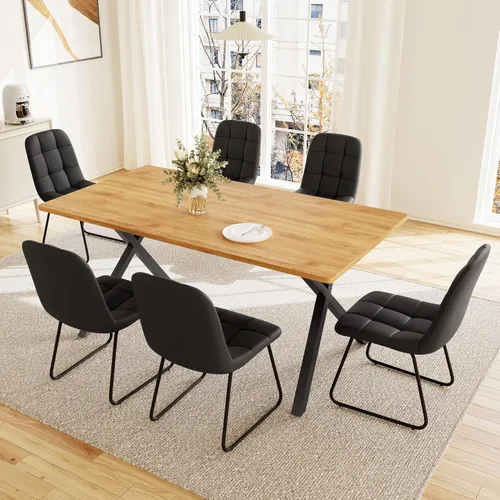 Vista 13 de HIPIHOM Mesa de comedor moderna de 63 pulgadas para 6 personas, mesa de cocina rectangular grande con patas en forma de X, muebles de comedor