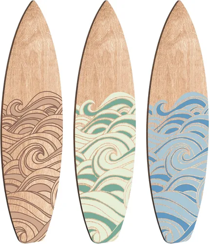 Vista 7 de RattanView Juego de 3 piezas de decoración de pared de tablas de surf de 11.8 x 3.4 pulgadas, tabla de surf de madera ondulada, playa, verano