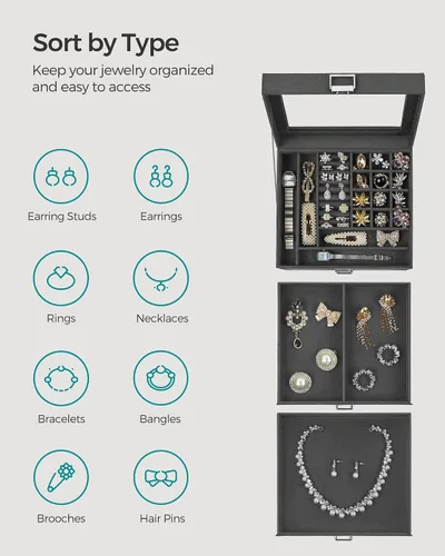 Vista 4 de SONGMICS Joyero, organizador de almacenamiento de joyas con cerradura, caja de joyería con ventana de cristal, para anillos, aretes, tachuelas