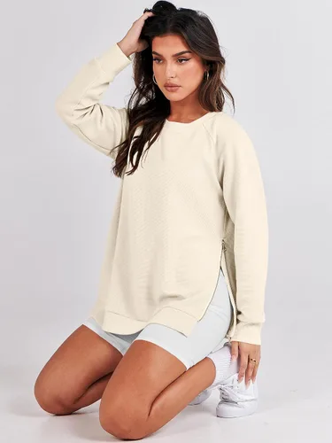 Vista 4 de ANRABESS - Sudadera de gran tamaño para mujer, cuello redondo, manga larga, tipo túnica, con cremallera lateral, sudadera con capucha, suéter