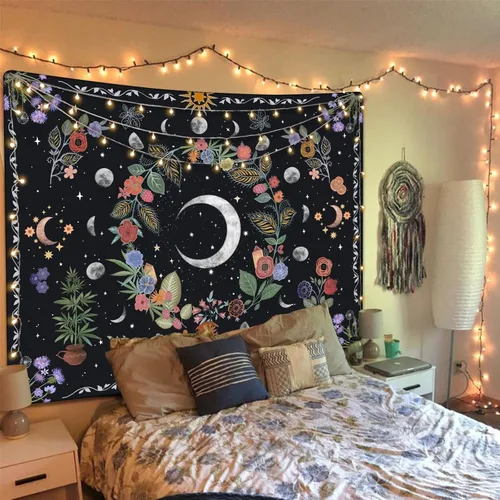 Vista 4 de Kanuyee Tapiz Floral de Luna Tapiz de Flores para Dormitorio Tapices Bohemios para Colgar en la Pared Estético para Dormitorio y Sala de Estar Luna