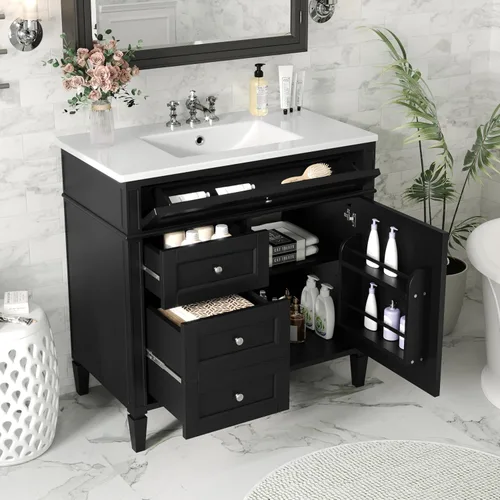 Vista 11 de Virubi Tocador de baño de 30" con fregadero de cerámica, gabinete de almacenamiento moderno