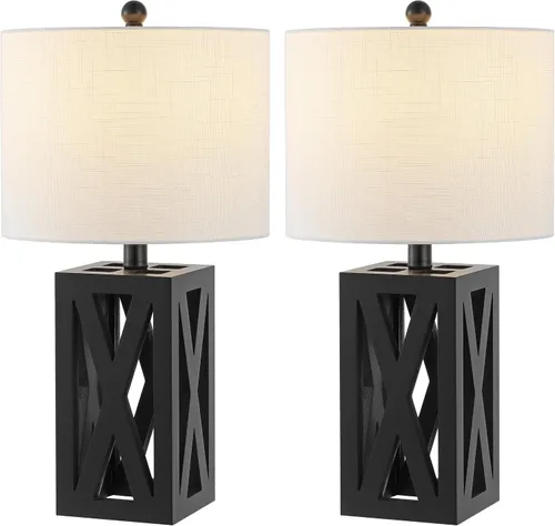Vista 10 de JONATHAN Y Lámpara de mesa de madera de granja marrón de 21.5 pulgadas para mesita de noche y sala de estar, pantalla de tambor de lino blanco