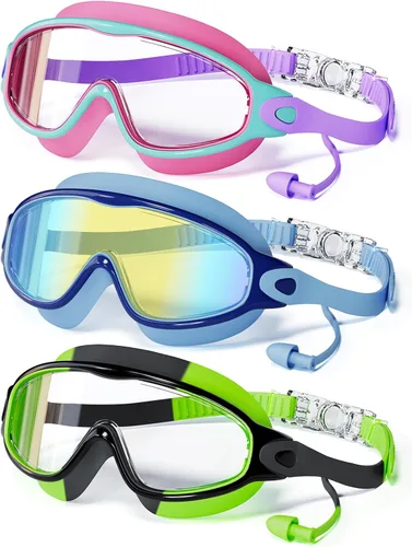 Vista 9 de Paquete de 3 gafas de natación para niños, con tapones para los oídos, marco grande, antivaho, UV, visión amplia, para niños y niñas de 4 a 12 años