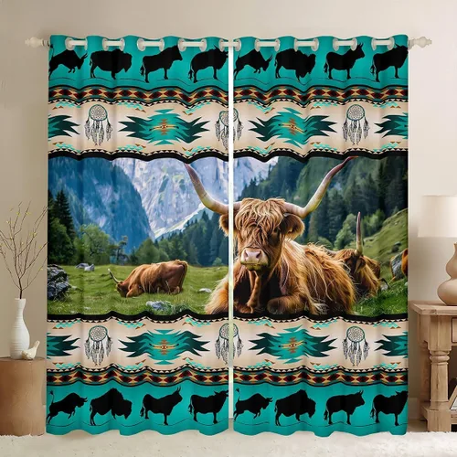 Vista 10 de Cortinas opacas estilo bohemio occidental de 76 x 45 pulgadas, cortinas y cortinas de atrapasueños de vaca, cortinas del suroeste, cortinas de Multi