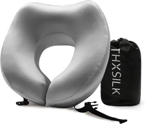 Vista 9 de THXSILK Almohada de cuello 100% seda de morera para viajes y avión, almohada de viaje de espuma viscoelástica para soporte de cuello en coche y Negro