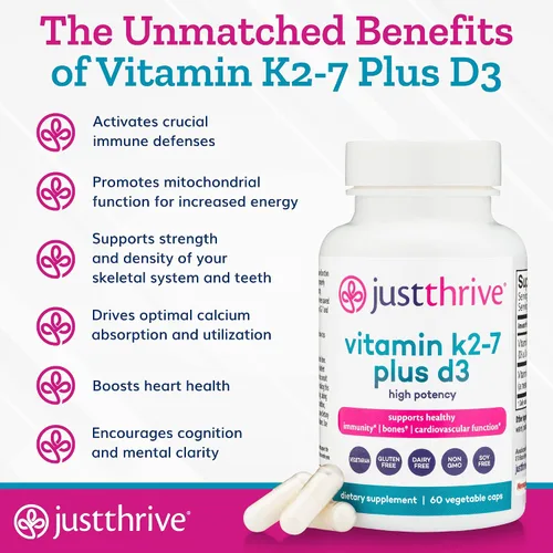 Vista 4 de Just Thrive Vitamina K2-7 Plus D3 - Suplemento para la salud inmunológica, cardíaca y ósea, 60 cápsulas vegetales