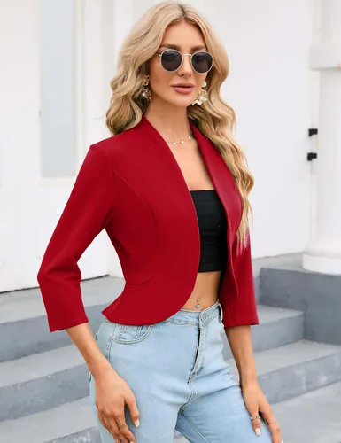 Vista 4 de KOJOOIN Blazer corto para mujer, casual, de negocios, manga 34, sin cuello, frente abierto, chaqueta de trabajo