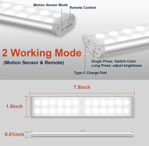 Vista 2 de 58 luces LED para debajo del gabinete, luz recargable RGB con sensor de movimiento para interior, luces nocturnas con control remoto, pack de 2