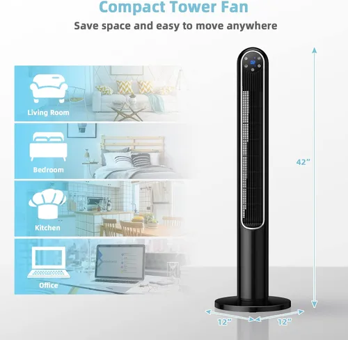 Vista 9 de Tangkula Ventilador de torre de 42 pulgadas con control remoto, ventilador de pie oscilante de 80˚ con pantalla LED, temporizador de 12 horas y 3