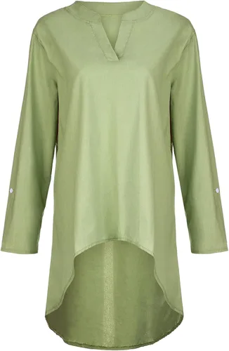 Vista 4 de Blusas para mujer de talla grande blusa de manga larga de algodón y lino con cuello en V estilo túnica de ajuste holgado