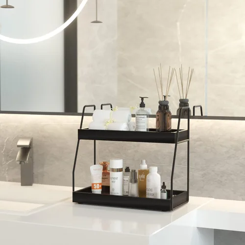 Vista 4 de ZGO Organizador moderno de 2 niveles para encimera de baño, estante organizador de fregadero de madera para almacenamiento de tocador, esquina