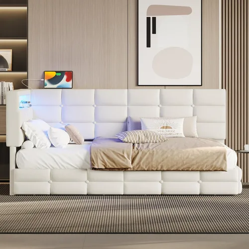 Vista 12 de Cama Diván Moderna Tamaño Twin XL con Cinturón LED y Cama Nido, Marco de Cama Plataforma de Madera con Cabecera Tapizada con Almacenamiento, Sofá