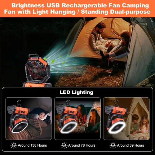Vista 5 de Ventilador solar de campamento de 20000 mAh con panel solar de 10 W, banco de energía solar recargable para exteriores, linterna LED, ventilador