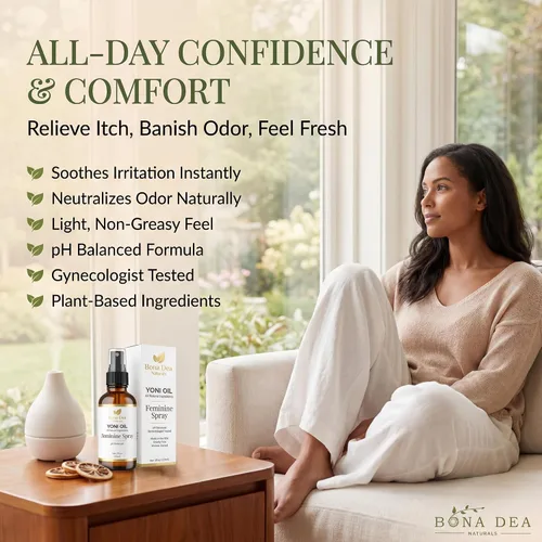 Vista 2 de Bona Dea Naturals - Aceite de Yoni hecho con árbol de té, citronela y aceites esenciales de naranja, «El aerosol femenino original totalmente