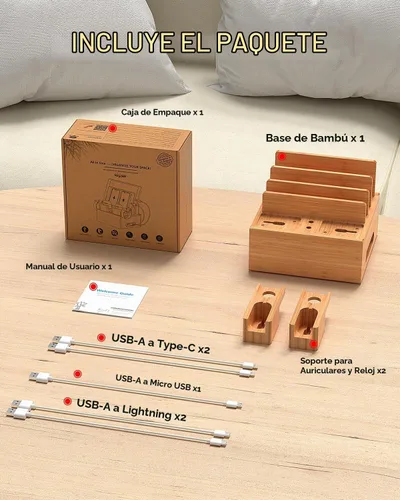 Vista 3 de Pezin & Hulin Soporte de carga de bambú para teléfono con 2 soportes para Bastidor de muelle+Cables
