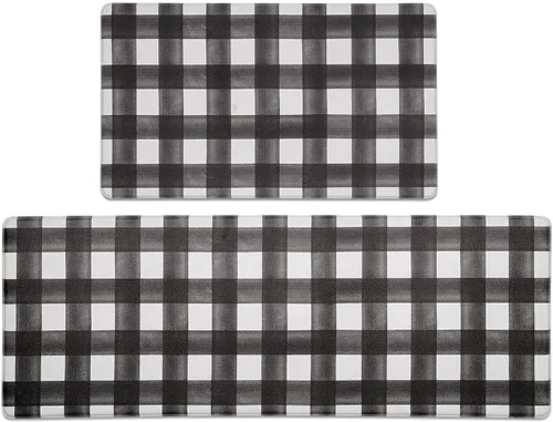 Vista 14 de FRESHMINT Juego de 2 piezas de alfombrillas de cocina estilo granja moderna con cuadros antifatiga para piso, impermeables y antideslizantes Beige