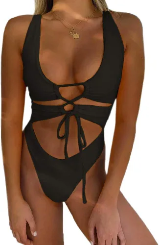 Vista 12 de Traje de baño sexy de una pieza con recortes, encaje, espalda descubierta y corte alto monokini para mujer Azul bebé