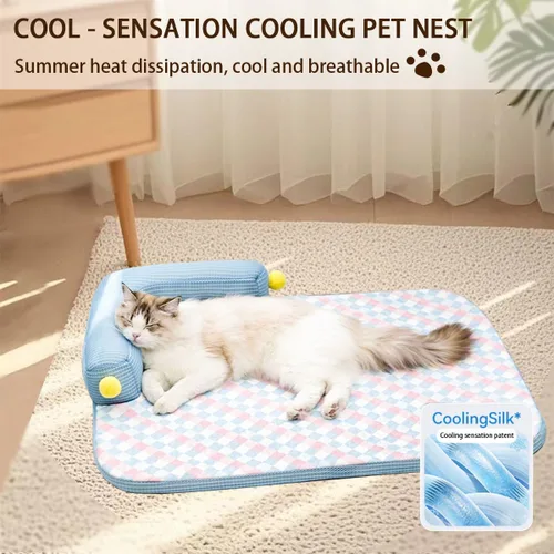Vista 5 de Camas para gatos con almohada para interiores, alfombrillas de verano extraíbles lavables y refrescantes para mascotas Azul