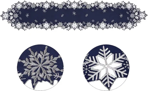Vista 4 de Caminos de mesa bordados con copos de nieve para Navidad e invierno (azul marino, 14 x 69 pulgadas)