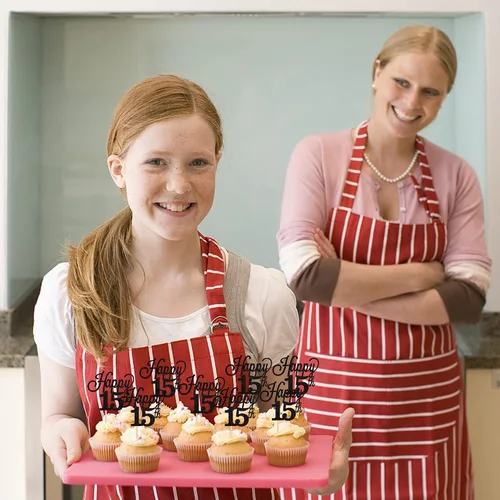 Vista 5 de Paquete de 24 adornos para cupcakes con purpurina número 15, quince cumpleaños, decoración para cumpleaños de 15 años, suministros de fiesta de Negro