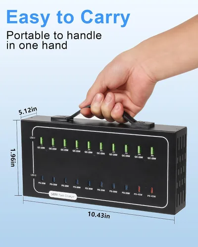 Vista 8 de Estación de carga USB de 580W, estación de carga rápida de 20 puertos para múltiples dispositivos, bloque de cargador USB C PD dual de 45W, entrega