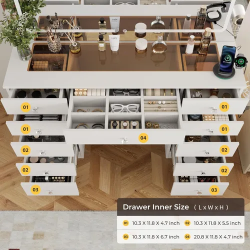 Vista 6 de Otterease Vanidad de maquillaje, espejo de tocador de 11 cajones con luces, escritorio de maquillaje con 3 modos de iluminación de brillo ajustable