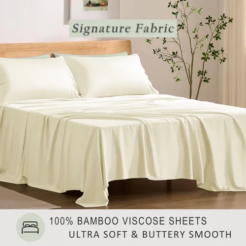 Vista 2 de TOSMO Juego de sábanas de lujo refrescantes - 100% viscosa de bambú, juego de ropa de cama de 4 piezas (tamaño King) - bolsillos extra profundos
