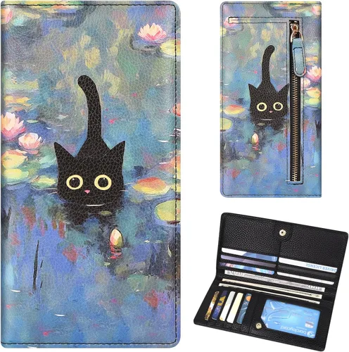 Vista 17 de Billetera para mujer, billetera RFID extradelgada, bolso plegable de cuero, con 11 ranuras para tarjetas y ventana de identificación, lindo monedero