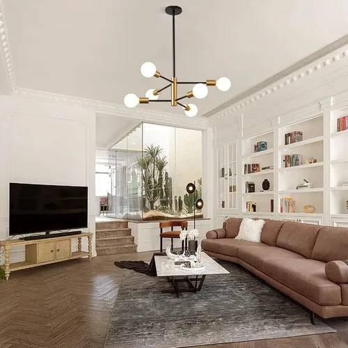 Vista 8 de KAISITE - Candelabro Moderno Sputnik - Candelabro de 6 Luces con Ajuste de Altura, Acabado en Negro y Oro para Cocina, Dormitorio y Vestíbulo