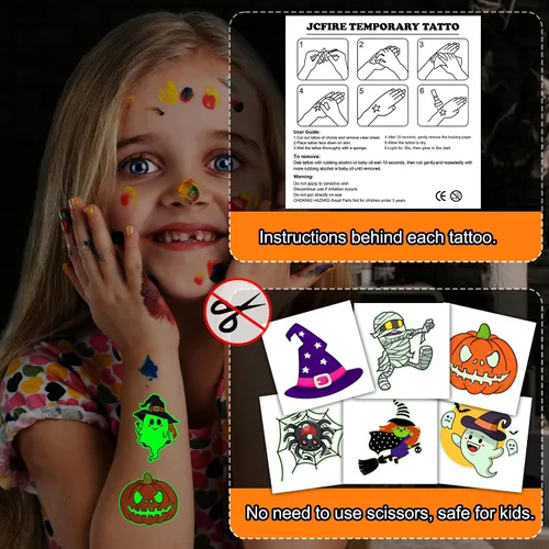 Vista 5 de JCFIRE Tatuajes de Halloween para niños, recuerdos de fiesta de Halloween, tatuajes temporales que brillan en la oscuridad, decoraciones de fiesta