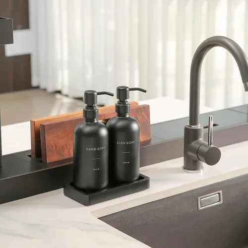 Vista 2 de Juego de dispensador de jabón negro mate Prus Waso, juego de dispensador de jabón de cocina con bomba de acero inoxidable negro, perfecto