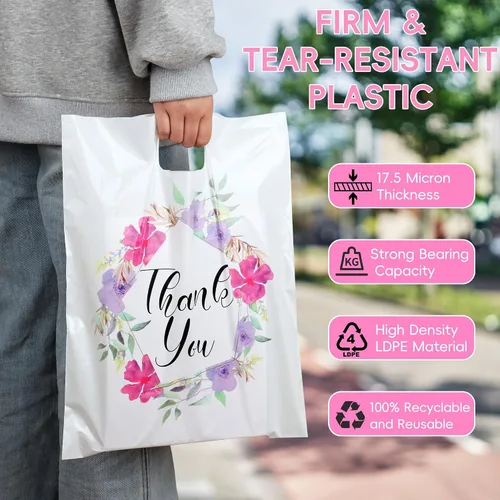 Vista 2 de POPGIFTU Bolsas de agradecimiento florales con asas, bolsa de plástico de 12 x 15 pulgadas, paquete de 100 – Boutique, regalo, recuerdo de fiesta