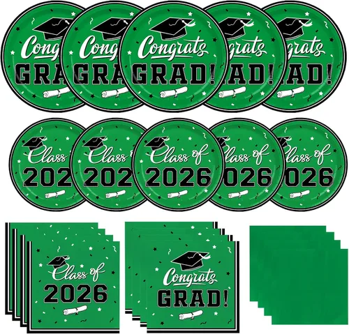 Vista 18 de Platos y servilletas de fiesta de graduación, decoraciones de graduación de clase de 2026, platos de papel desechables negros y dorados, servilletas