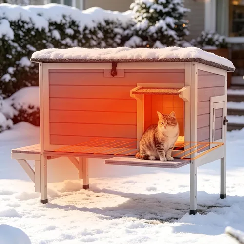 Vista 9 de Heated Cat House for Outside,Weatherproof Insulated Feral Shelter Solid wood structure with 6-sided insulated liner & certified heating pad. Keeps