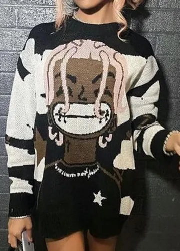 Vista 3 de EMILYLE Anime - Suéter gráfico de manga larga con cuello redondo y figura para mujer