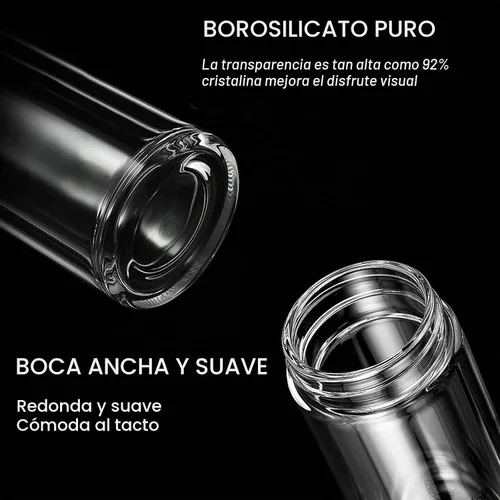 Vista 6 de Botella de té COMI, 14 oz, vidrio de borosilicato, de doble pared, con infusor y colador, tapa de bambú, 400ml