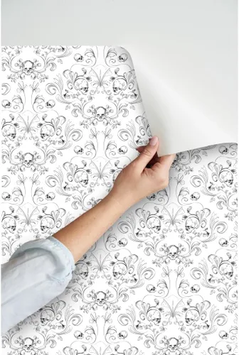 Vista 3 de Spoonflower Papel tapiz para despegar y pegar, diseño textil de damasco de calavera, tela artística de Halloween, papel tapiz extraíble personalizado