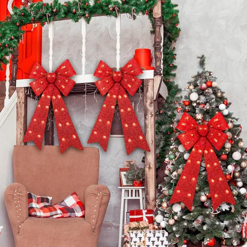 Vista 7 de 2 Piezas Lazos LED para Coronar Árbol de Navidad - 24"x12" Decoraciones Navideñas Grandes Preiluminadas Con Luces - Funciona con Pilas para Corona
