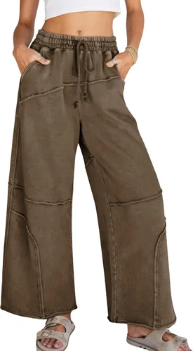 Vista 10 de Athlisan Pantalones deportivos casuales de pierna ancha para mujer, cintura alta, lavado ácido, pantalones palazzo con bolsillos