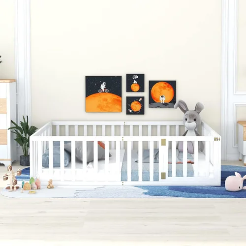 Vista 4 de Harper & Bright Designs Cama de suelo Queen con rieles, marco de cama de piso de madera con valla y puerta, para niños y niñas (blanco)