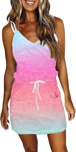 Vista 9 de Vestido de verano a rayas para mujer, sin mangas, con tirantes halter y bolsillos