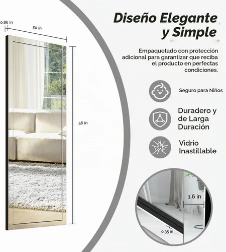 Vista 3 de Syndra Espejo de longitud completa con borde biselado de 56 x 20 pulgadas, sin marco, espejo rectangular grande de cuerpo completo para dormitorio