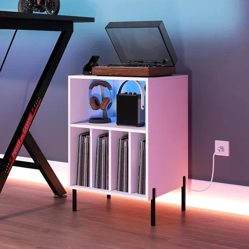 Vista 9 de Giantex Soporte para Tocadiscos con Luces LED y Estación de Carga, Soporte para Tocadiscos con Portadiscos, Mesa para Tocadiscos con Patas de Metal
