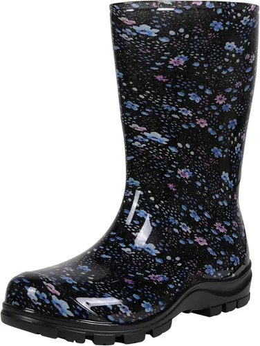 Vista 12 de Asgard Botas de lluvia a media pantorrilla para mujer, botas de goma impermeables estampadas, zapatos cortos de jardín Negro